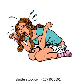 young beautiful girl crying hysteria panic stress. Comic cartoon pop art retro vector illustration drawing