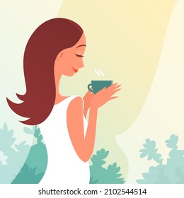 Young beautiful girl with a cup of tea. Happy moment. Looks out the open window. Sunny morning. Vector cartoon illustration