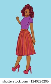 young  beautiful girl with beautiful curly hair, in beautiful skirt in high-heeled shoes, turned back and looks down. color vector fashion illustration