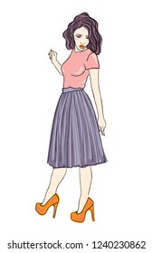 young  beautiful girl with beautiful curly hair, in beautiful skirt in high-heeled shoes, turned back and looks down. color vector fashion illustration