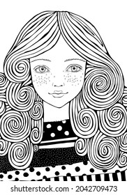 Muchacha hermosa con pelo rizado. Página de libros de colorantes de doodles en blanco y negro para adultos y niños.