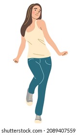 A young beautiful girl is dancing alone at home in ordinary clothes. Full height. Flat vector illustration.