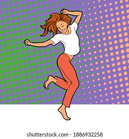 Young beautiful girl dancing. Happy female character. Vector isolated illustration pop art.