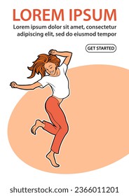 Young beautiful girl dancing. Happy female character. Weekend fun. Vector illustration pop art. Design for banner, website