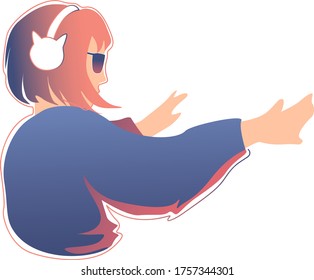 Young beautiful girl is dancing in headphones. Woman in a long sleeve on the side. Dance concept to music, fresh design.
