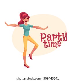 Young beautiful girl dancing at the party, cartoon vector illustration isolated on white background. Greeting card, poster, banner design of young pretty woman dancing and having fun