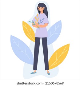 Young beautiful girl with decorative branches. A woman holds tender spring or autumn branches. Beauty of nature. Self-care, love, well-being. Peace and happiness. Positive mood. Vector isolated design