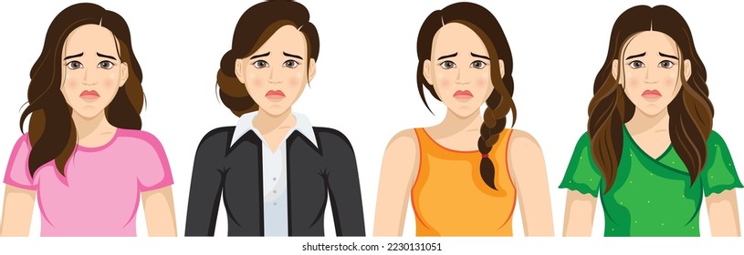 Young beautiful girl in different style clothes.Unhappy mood.Hand drawn vector illustration.