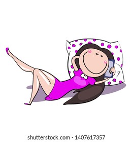 Young beautiful girl in a beautiful dress, with a perfect figure, long hair lying on a huge pillow, on the couch, and talking on a mobile phone, cartoon character, color illustration in vector