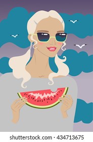 young beautiful girl eating watermelon