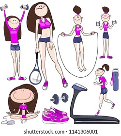 Young beautiful girl engaged in various sports, running, tennis, yoga, meditation, exercises with dumbbells, a set of color drawings for advertising a gym, healthy lifestyle, in vector