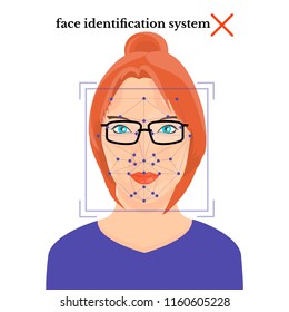 Young beautiful girl face with glasses, facial identification system text on white background, case when facial recognition does not work