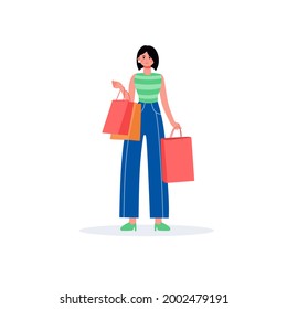 Young beautiful girl in fashionable clothes while shopping. Fashion trendy vector illustration.