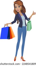 Young beautiful girl in fashionable clothes and in red high-heeled shoes with shopping bags shows thumbs up with her hand Vector