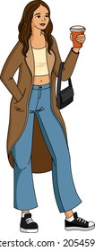 Young  beautiful girl in in a fashionable coat, top and jeans with a purse is standing with coffee cup in her hand. Illustratio of a girl who likes coffee and stylish clothes