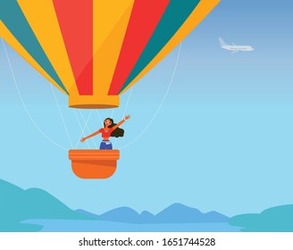 Young beautiful girl flies in air balloon. Beauty romantic girl travels. Time for travel and adventure. Modern flat vector concept illustrations of travel.