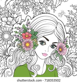 A young beautiful girl with a flower wreath on his head.  Colore