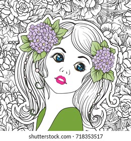 A young beautiful girl with a flower wreath on his head.  Color