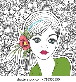 A young beautiful girl with a flower wreath on his head.  Colore