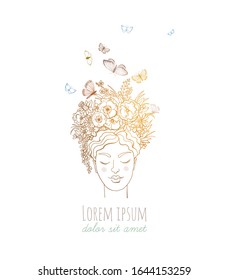 Young beautiful girl with flowers and butterflies in hair. Doodle sketch illustration.