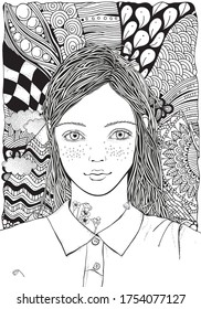 Young Beautiful Girl And Flowers. Doodle Mounts And Sand Sun. Summer. Adult Coloring Book Page. Black And White. 