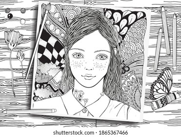 Young beautiful girl and flowers. Doodle mounts and sand sun. Summer. Adult coloring book page. Black and white. 