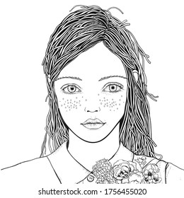 Young beautiful girl and flowers. Zentangle style. Black and white doodle coloring book page for adult and children.