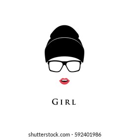 Young beautiful girl. Glasses, hat and with lipstick on a white background. Black and white vector illustration.