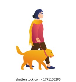 A young beautiful girl in glasses and a scarf with a dog on a leash walks early in the morning. Woman with pet for a walk on a white background.