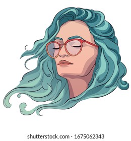 Young beautiful girl in glasses with sea wave hair. Vector hand-drawn portrait.
Fashion. EPS-10
