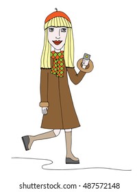 A young beautiful girl goes along with a telephone and does self-ie or takes pictures a friend. Colorful line art element for adult coloring book page design, child magazine, shirt and other.
