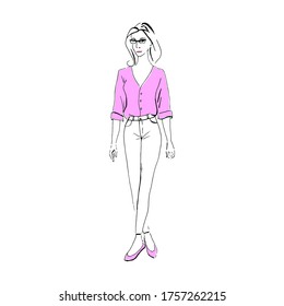 Young beautiful girl hand drawing.Vector fashion graphic.