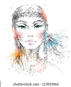 The young beautiful girl. Hand-drawn portrait made by a pen with colorful spots and sprays. Vector illustration.