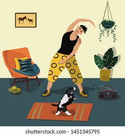 Young beautiful girl and her cat doing yoga at home vector illustration. Healthy lifestyle and home yoga concept in modern interior. Woman and her cat doing fitness at home .  Home exercising concept.