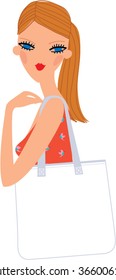 Young beautiful girl holding blank eco bag. Vector illustration