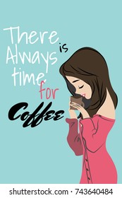 Young beautiful girl holding a cup of coffee. Cartoon. Vector illustration.