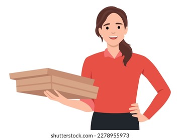 Young beautiful girl hurrying to party with a stack of pizza boxes. Flat vector illustration isolated on white background