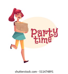 Young beautiful girl hurrying to party with a stack of pizza boxes, cartoon vector illustration isolated on white background. Greeting card, poster, banner design for birthday party with pizza boxes