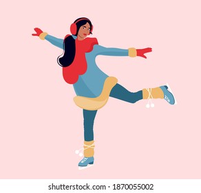 Young beautiful girl ice skating in red scarf. Winter sport. Flat cartoon vector illustrations on pink background.