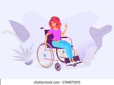 Young beautiful girl in jeans and a t-shirt on a wheelchair smiles and waving hand. Woman in casual wear. Bright vector illustration on abstract background.