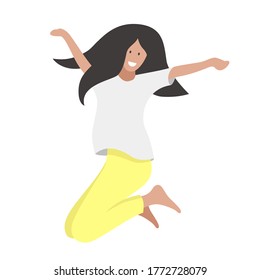 Young beautiful girl jumping with smile flat vector illustration. Girl having fun, dancing and jumping with hands up in the air. Happy smiling stylish dark-haired girl jump in the air