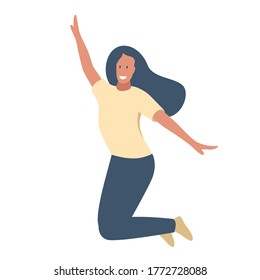 Young beautiful girl jumping with smile flat vector illustration. Girl having fun and dancing at the party and jumping with hands up in the air. Happy smiling stylish dark-haired girl jump in the air