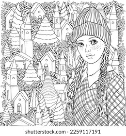 Young beautiful girl in a knitted hat and a plaid dress. Two braids. Pattern with houses and Christmas trees. Zentangle style. Black and white doodle coloring book page for adult.