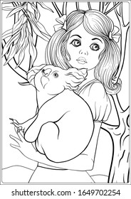 Young beautiful girl with koala and eucalyptus. Coloring page for the adult coloring book. Outline hand drawing vector illustration..