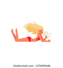 Young beautiful girl lies on the beach and sunbathes. Flat Art Vector illustration