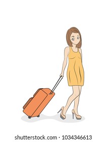 young beautiful girl in a light dress is walking with a suitcase. vector illustration.