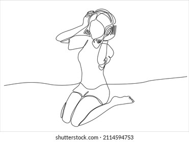 Young beautiful girl listening music in headphones continuous single line drawing vector illustration. Energetic woman with long hair listen to the music with earphone and enjoy dancing