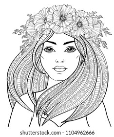 Young beautiful girl with long hair in poppy wreath. Tattoo or adult antistress coloring page. Black and white hand drawn doodle for coloring book
