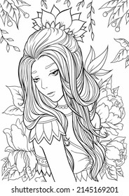 Young beautiful girl with long hair in garden. Flowers. Outline hand drawing coloring page for adult coloring book. Stock line vector illustration.Outline drawing