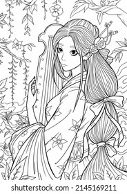 Young beautiful girl and long hair in garden  Flowers  Outline hand drawing coloring page for adult coloring book  Stock line vector illustration Outline drawing